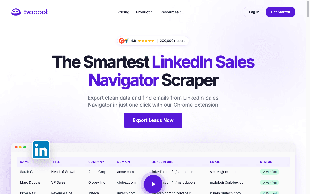 Evaboot pricing and the Sales Navigator export workflow shown in the Chrome extension