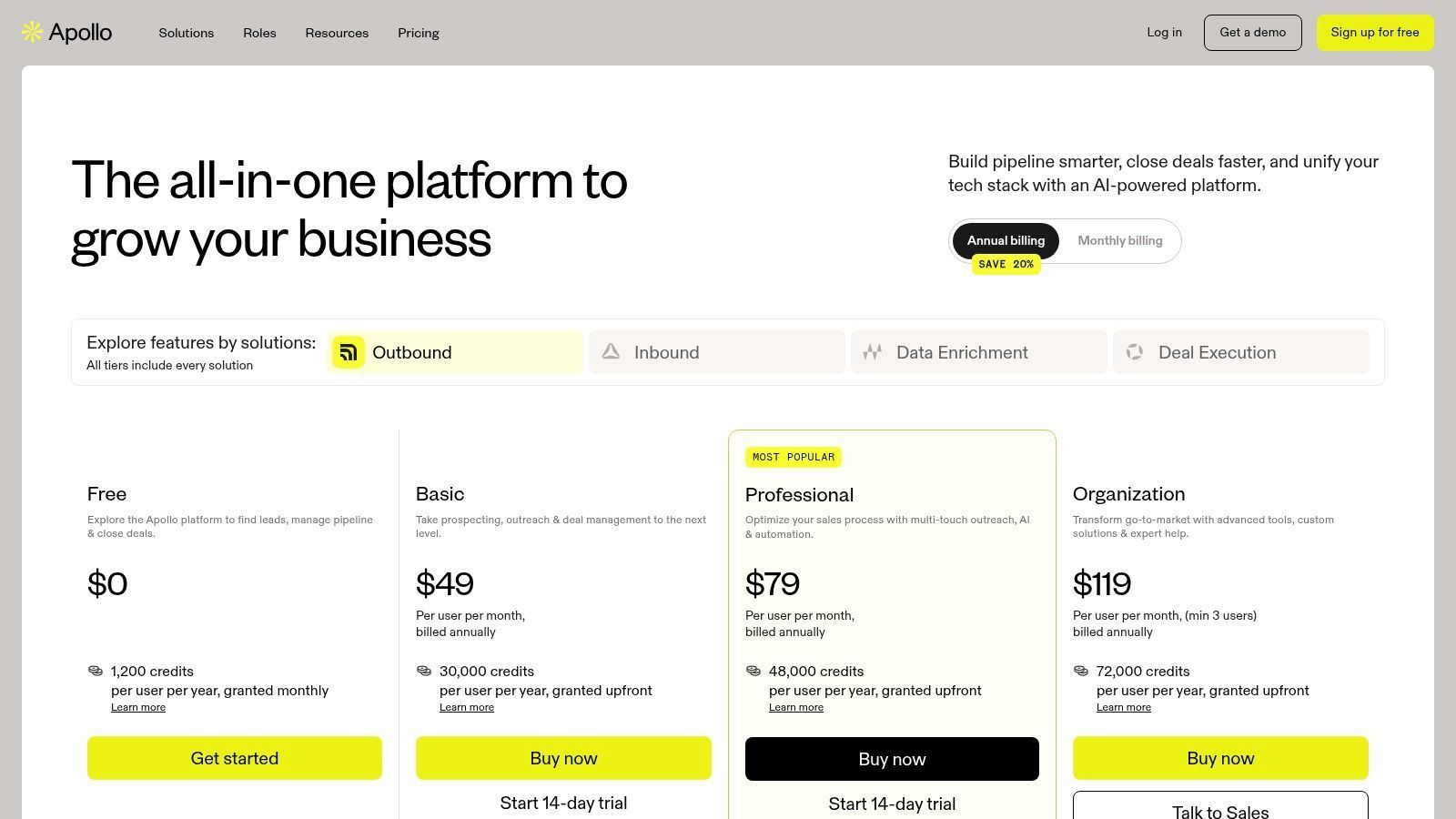 Apollo.io pricing plans showing Free, Basic, Professional, and Organization tiers